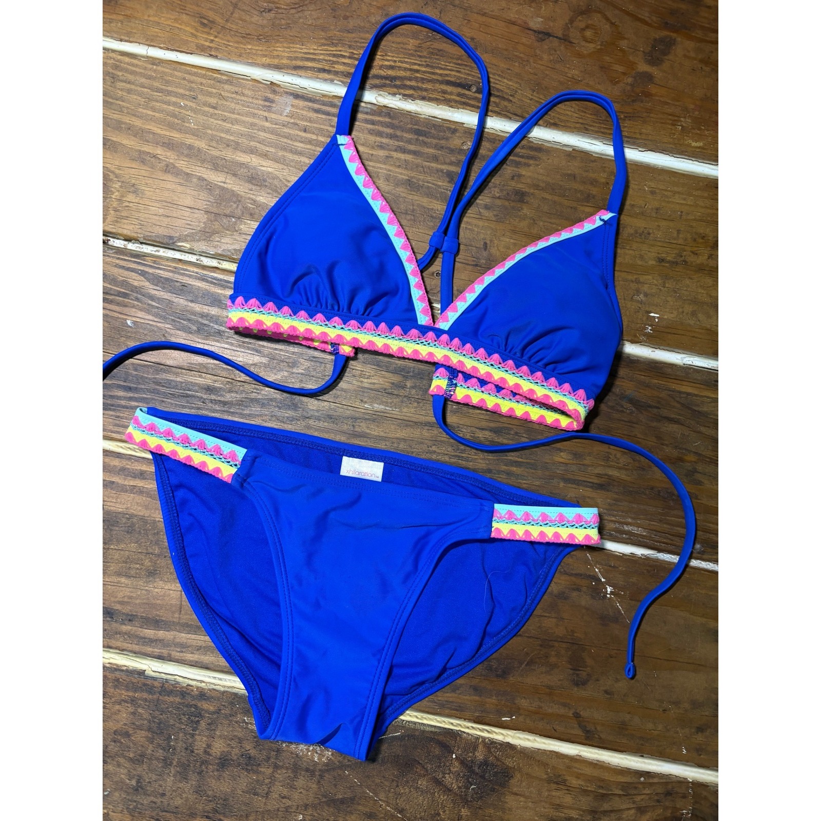 Xhilaration Blue Bikini Set Embroidered Trim Triangle Top Xs Bottoms S Two Piece